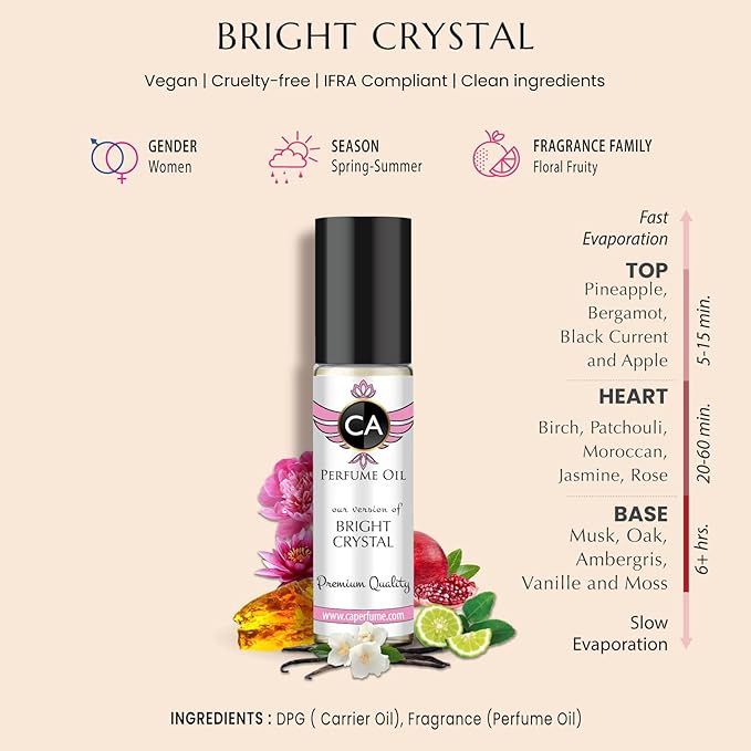 CA Perfume Impression of Bright Crystal For Women Replica Fragrance Body Oil Dupes Alcohol-Free Essential Aromatherapy Sample Travel Size Concentrated Long Lasting Attar Roll-On 0.3 Fl Oz/10ml