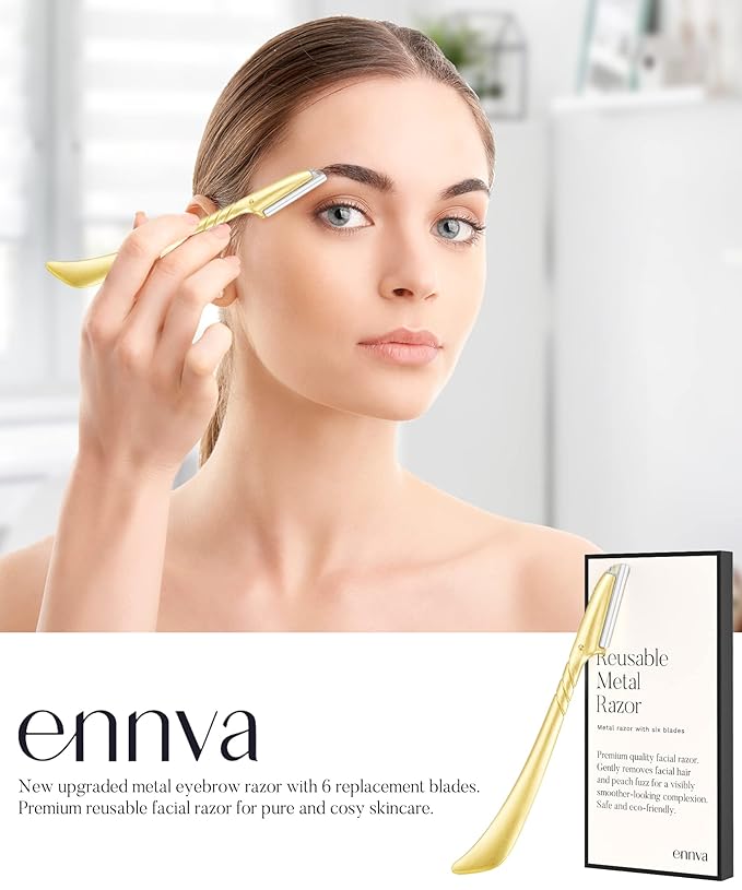 ennva Eyebrow Razor for Women - Eyebrow Trimmer Dermaplaning Tool- Ergonomic Eyebrow Shaper and Facial Razor for Peach Fuzz-Exfoliating Face Razor for Eyebrows-Eye Brow Shaver Razors w/ 7 Blades- Gold