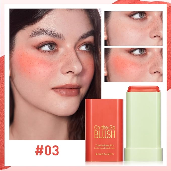 Blush Stick for Cheeks - Cream Makeup Blush Wand, Solid Moisturizer Stick for Cheeks Tint, Natural Blendable Waterproof Korean Matte Long-Lasting Smooth Blushes (#03 Coral Orange)