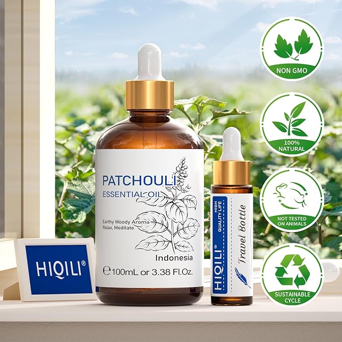 HIQILI Patchouli Essential Oil,100% Pure & Natural for Homemade Perfume, Sooth Skin, Nourish Hair at Home with Diffuser, Gift for Hippie Friend -100ML
