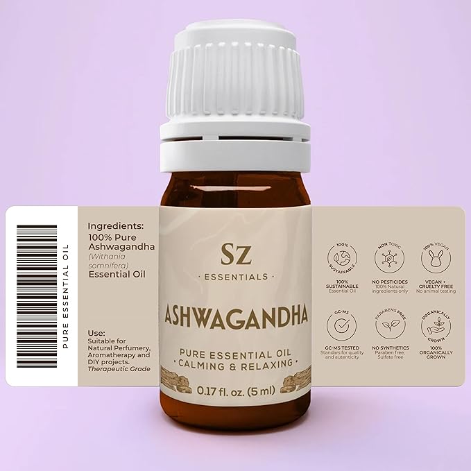 Ashwagandha Essential Oil, 100% Pure and Natural - Undiluted, Steam Distilled from Withania Somnifera - Woody & Earthy Scent with Nutty Overtones - Therapeutic Grade & Vegan - 0.17oz