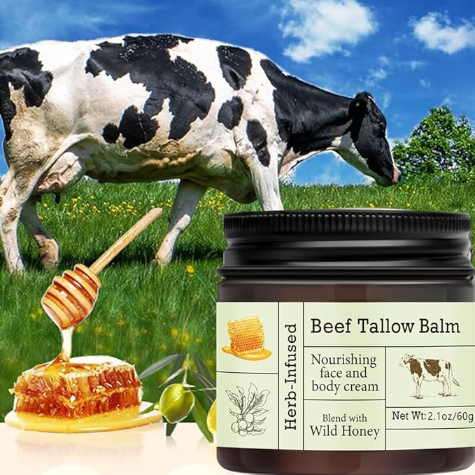 Beef Tallow For Skin – Natural Tallow and Honey Balm Face Moisturizer, Organic Grass-Fed Tallow, Deeply Nourishing Whipped Skin Balm for Face & Body, Moisturizing Cream for Dry Skin