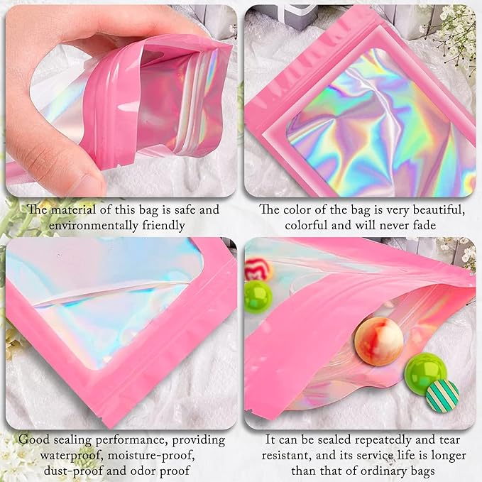 ANZNKU 100 Pack Mylar Bags Reasealable Holographic Bags, Smell Proof Bag Zipper Pouches with Clear Window, Jewelry Candy Sealable Bag for Packaging Sample Party Favor (Pink, 7.1 x 10.2 Inch)