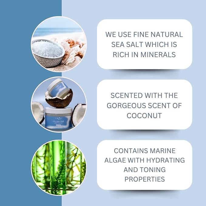 Sea Salt Body Scrub by Florida Suncare - Ocean Salt Body Polish Infused with Marine Algae - Exfoliating Face and Body Scrub - Facial Scrub Exfoliator to Tackle Acne and Scars (Coconut, 12.1 oz)