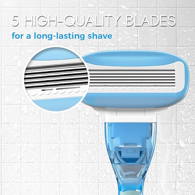 Razors for Women with 4 Razor Refills and 1 Non-Slip Handle, Womens Razors for Shaving with Organic Lubricating Strip, Disposable Razor with 5 Blades (Sky Blue)