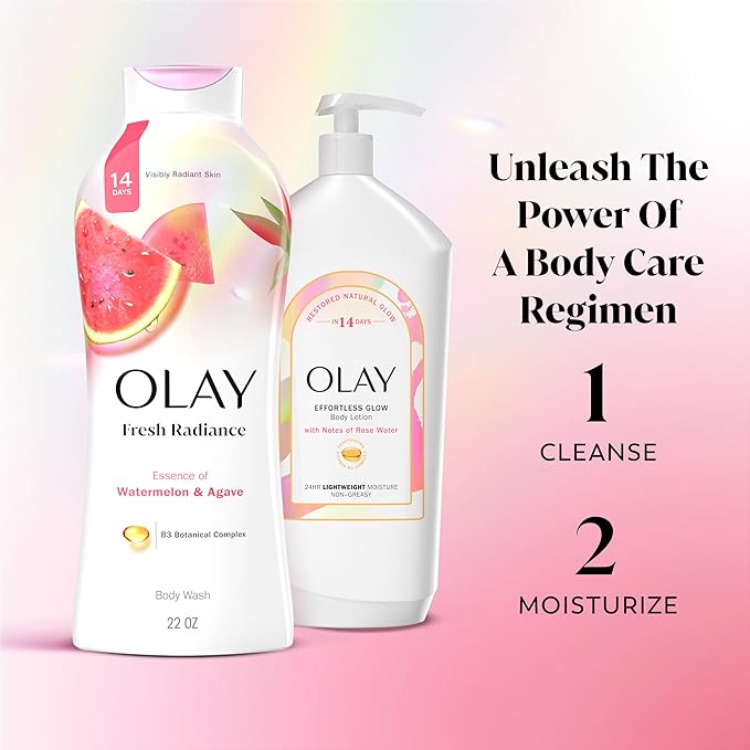 Olay Body Wash for Women, Fresh Radiance, Refreshing & Renewing, Made with Plant Based Cleansers, B3 Botanical Complex, For All Skin Types, Watermelon & Agave Scent, 22 fl oz (Pack of 4)