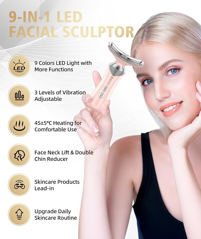 9-in-1 Red-Light-Therapy-for-Face-and-Neck, Portable Facial Massager Tool with Adjustable Vibration & Thermals for Wrinkles, Double Chin, Pink