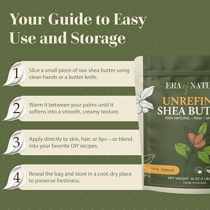 era of nature Organic Unrefined Raw African Ivory White Shea Butter 16oz - Moisturizing Raw Shea Butter Bar for Skin & Hair, DIY Lip Balm Base, Cream, Soap & Lotion Making Supplies Kit, Skincare