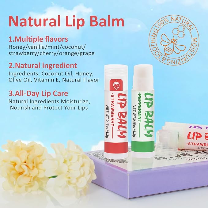 24 Pack Lip Balm, Natural Lip Balm Bulk with Vitamin E and Coconut Oil, Moisturizing Soothing Chapped Lips-8 Flavors