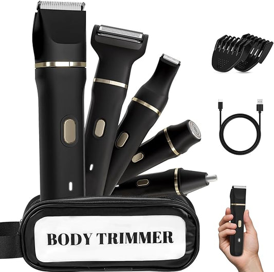 Bikini Trimmer for Women, 5-in-1 Waterproof Electric Razors for Women, Painless Pubic Hair Trimmer, Rechargeable Electric Shaver, Bikini Razor with Travel Case, Body Shaver & Face Nose Trimmer, Black