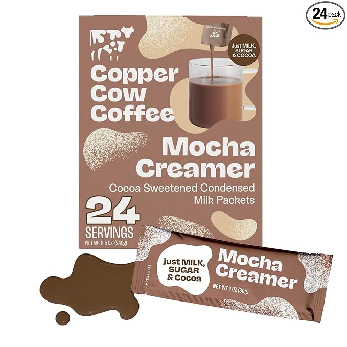 Copper Cow Coffee Sweetened Mocha Milk Creamer Singles (24 pack) | Vietnamese Inspired Coffee Creamer, All Natural Creamer Packets for Pour Overs & Lattes | No Refrigeration Needed