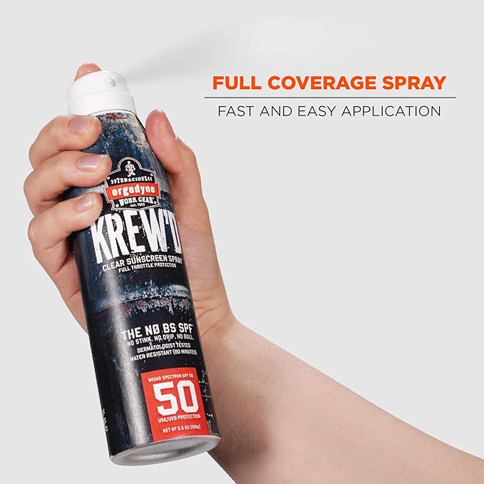 Ergodyne KREW'D 6353 Sunscreen Spray, Broad Spectrum SPF 50, Water Resistant, 5.5 oz, 12-Pack