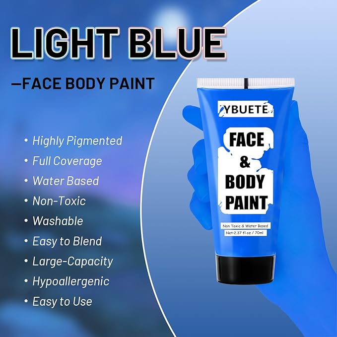 Blue Water Based Face Body Paint, 2.37 OZ Large Tube Full Coverage Face Paint for Avatar Smurfs Mermaid Cosplay Makeup, Washable Royal Blue Body Painting Cream for Adult Halloween SFX Makeup
