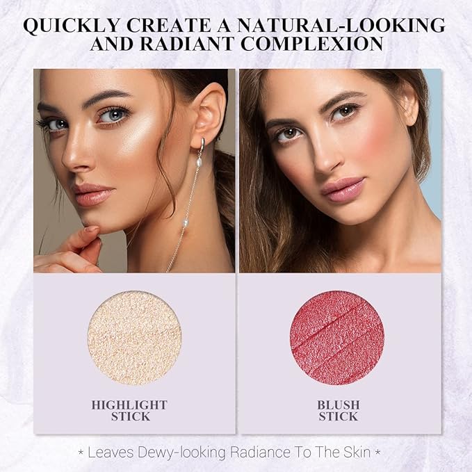 2Pcs Cream Blush Highlighter Makeup Stick Makeup Set for Girls and Women #T Cherry Blush