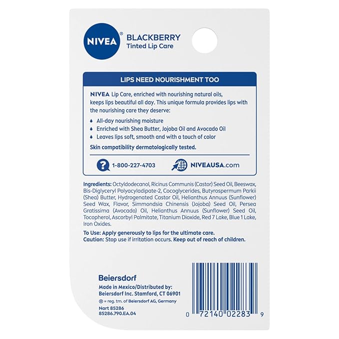 Nivea Lip Balm Hydrating, 0.17 Oz, Enriched with Avocado & Jojoba for Soft, Smooth Lips, Hydrating Lip Balm Includes Moofin Wooden Comb, Blackberry Scent, Lip Balms & Moisturizers, [Pack of 4]