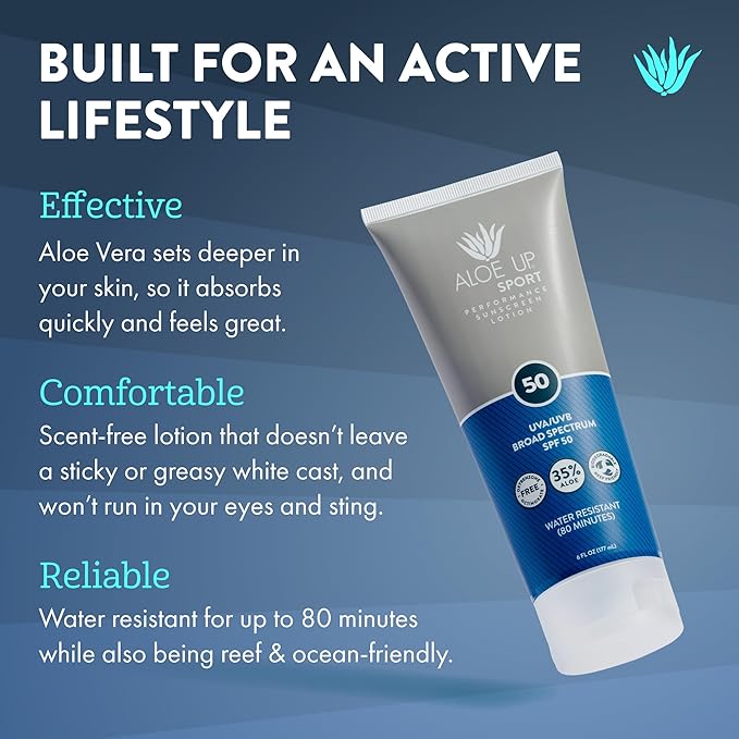 Aloe Up Sport Sunscreen Lotion SPF 50 - Broad Spectrum UVA/UVB Sunscreen Protector for Face and Body - With Hydrating Aloe Vera Gel - Non-Greasy - No White Cast - Reef Safe - Fragrance-Free - 6 Oz.