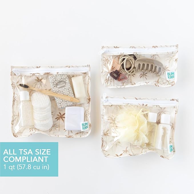 Bumkins Travel Bag, Toiletry, TSA Approved Pouch, Zip Bag, Quart Size Airline Compliant, Clear-Sided, Baby, Diaper Bag Organization, Makeup, Accessories, Packing, Set of 3 Sizes, Palm Trees