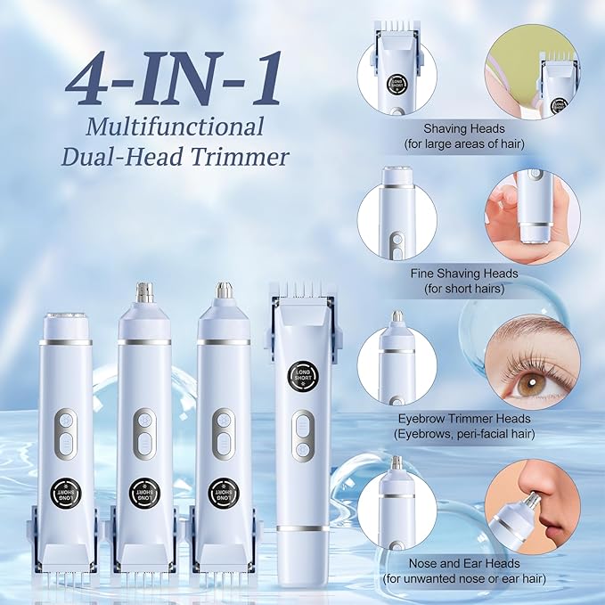 Bikini Trimmer for Women, 4 in 1 Wet/Dry Electric Razors for Women - Dual Head, Painless Rechargeable Portable Womens Razors for Shaving Set for Face, Nose, Eyebrows, Armpits, Bikini Area (Blue)