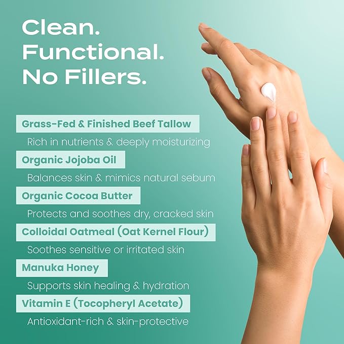 Body Restore Grass Fed Whipped Beef Tallow for Skin, Face, Body, Dry Skin - with Manuka Honey, Jojoba Oil, Birthday Gifts for Women, Men, Travel Essentials, Self Care - Eucalyptus