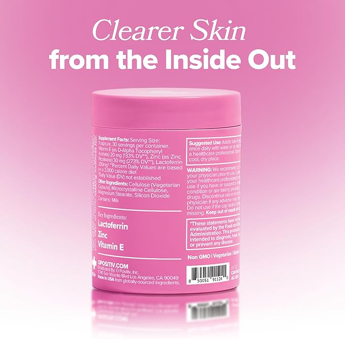 O Positiv FLO Acne Capsules – Reduce Number and Severity of Pimples, Whiteheads, Blackheads, and Pustules on Face, Back, and Body – Colostrum-Derived Lactoferrin, Zinc and Vitamin E – 30 Servings