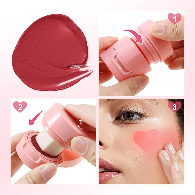 Boobeen Liquid Blush for Cheeks, Buildable & Blendable Face Blusher, Cheek Stamp Blush with Heart-shaped Applicator, Lightweight Air Cushion Blush for Velvet Matte Finish