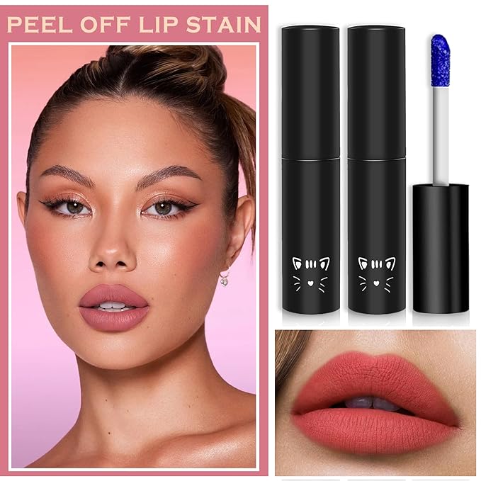 2PCS Peel Off Lip Stain Lip Tint Matte Liquid Lipstick Nude Lip Gloss Long Lasting Waterproof Lip Tint Stain Non-stick Cup Peel Off Lipstick Lip Makeup for Women Girls （01#+02#）