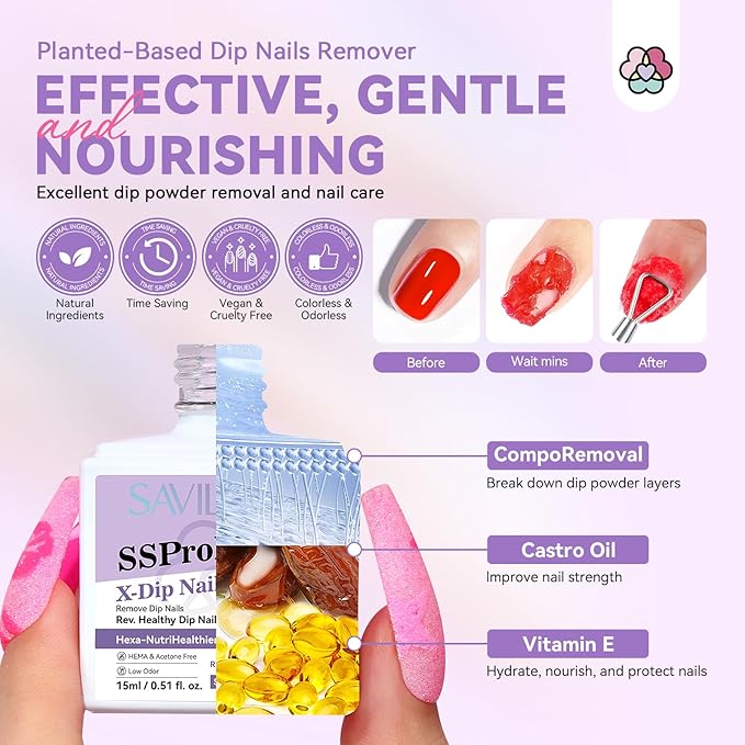 SAVILAND Dip Powder Remover Kit 2Pcs: 15ml Gentle & Safe Dip Nail Remover With Cuticle Oil Nail File Tools No Soak or Wrapping Removal Easy Remove at Home Gift For Women