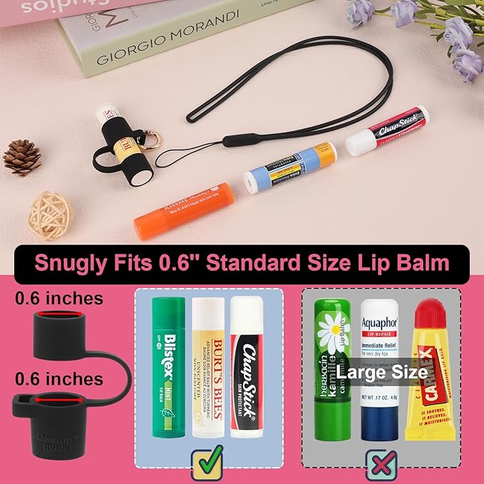 Desing Wish Silicone Lip Balm Holder with Cap Cover Portable Chapstick Holder Keychain Sleeve Lip Balm Key Chain with Key Ring and Neck Strap Lanyard - Black
