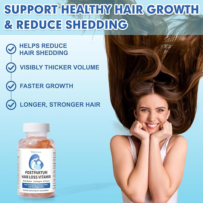 Postpartum Hair Loss Vitamin, Vegan Gummies with Biotin, Collagen, & Folate, Postpartum Hair Loss Products for Less Shedding, Thicker Hair, Stronger Hair, Breastfeeding-Friendly, 60 Gummies