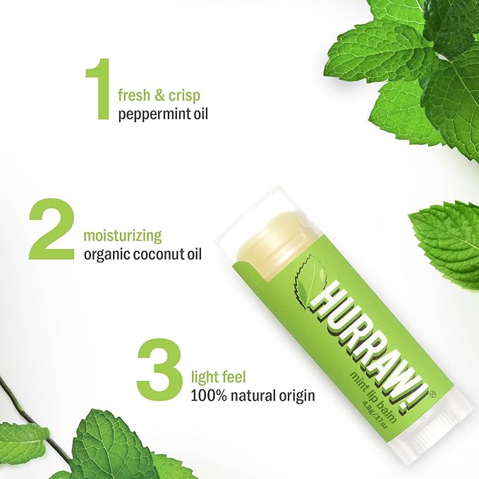 Hurraw! Mint Lip Balm, 3 Pack: Organic, Certified Vegan, Cruelty and Gluten Free. Non-GMO, 100% Natural Ingredients. Bee, Shea, Soy and Palm Free. Made in USA