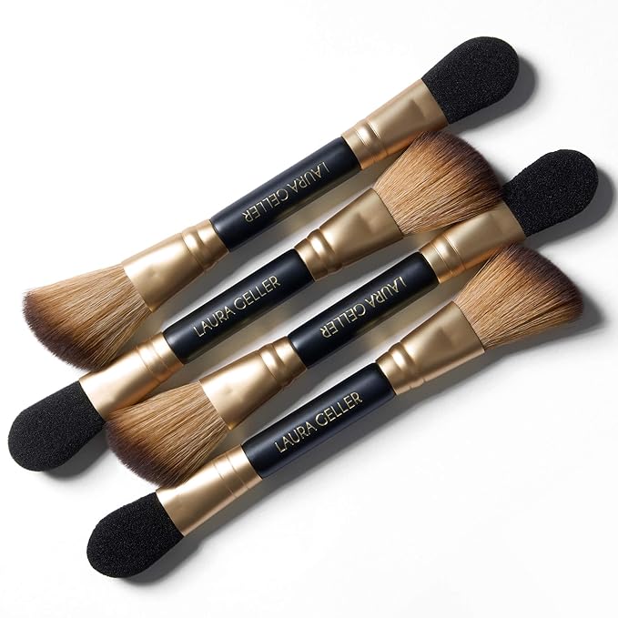 LAURA GELLER NEW YORK Dual-Ended Highlighter Brush - Multipurpose Makeup Brush for Highlighter, Blush, Bronzer and More - Includes Dual-Fiber Vegan Bristles and Satin Paddle for Flawless Application