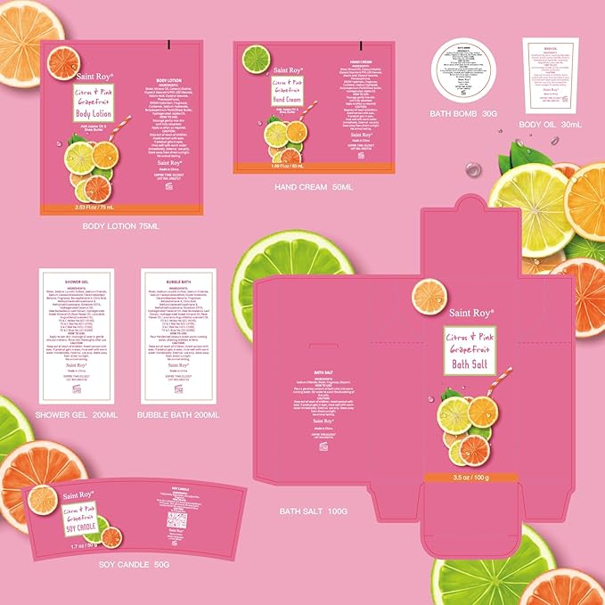 Bath & Body Gift Set, Luxury Home Spa Bath Gift Basket Citrus & Pink Grapefruit Spa Kit Gift Woman, 11 Pcs Self Care Kit Gifts With Bubble Bath, Massage Oil, Bath Brush, Birthday Gifts for Women