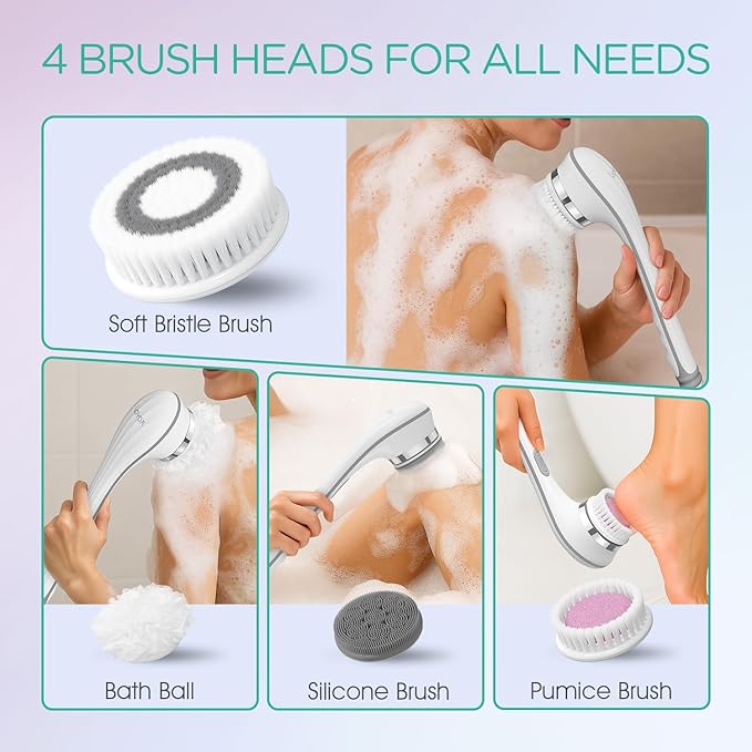 VOYOR Electric Body Brush Back Scrubber for Shower Rechargeable Exfoliating Bath Brush Powered Shower Brush with Non-Slip Long Handle Deep Cleansing, Exfoliation, Massaging Spin Brush BC100 (Gery)