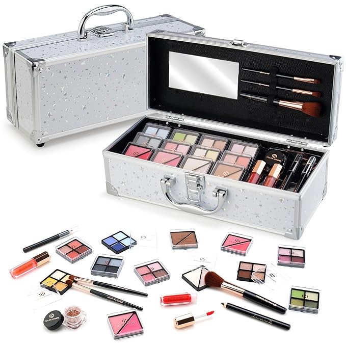Color Nymph Beginners Makeup Kit With Train Case For Teenagers Girls, Full Starter Cosmetics Set Included 32 Colors Eyeshadow, Glitter Cream, Blush, Highlighter, Lip Gloss and Brush (White)