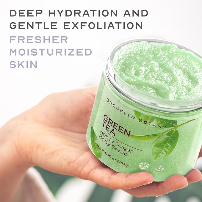 Brooklyn Botany Green Tea Honey Sugar Scrub for Body 10 oz – Deeply Hydrating and Gently Exfoliating Body Scrub for Women and Men – Moisturizing and Nourishing the Skin