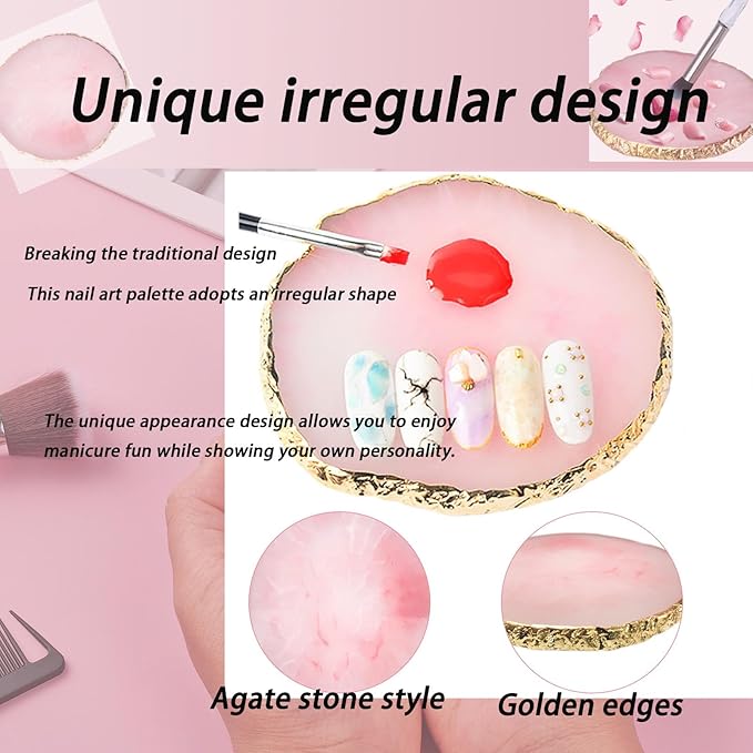 Makeup Palette Tray, Nail Tech Bag, Resin Nail Art Palette Makeup Mixing Palette Gold Edge Nail Art Tools Gel Design Nail Tray DIY, Mixing Palette, Nail Palette (3.86 x 3.43inch Pink)