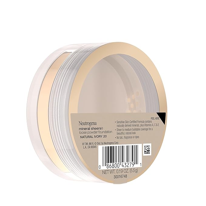 Neutrogena Mineral Sheers Loose Powder Makeup Foundation, Lightweight Face Makeup, Sheer to Medium Buildable Coverage, Sensitive Skin Foundation with Vitamins A, C, & E, Natural Ivory 20, .19 oz