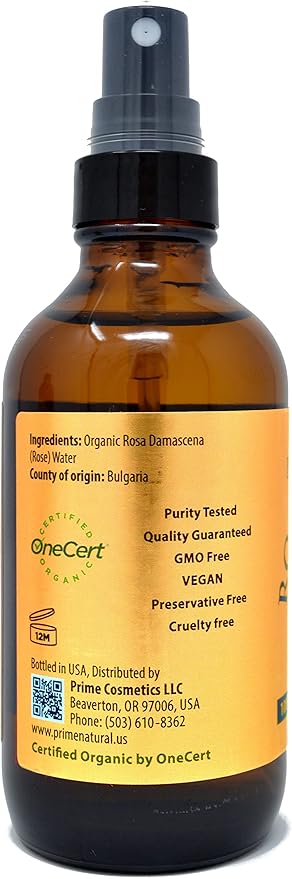 PRIME NATURAL Rose Water Spray 4oz/120ml, USDA Certified Organic, Facial Toner, Hydrating Mist for Face & Hair - Bulgarian, 100% Pure, Natural, Preservative-Free, Moisturizer from Fresh Rose Petals