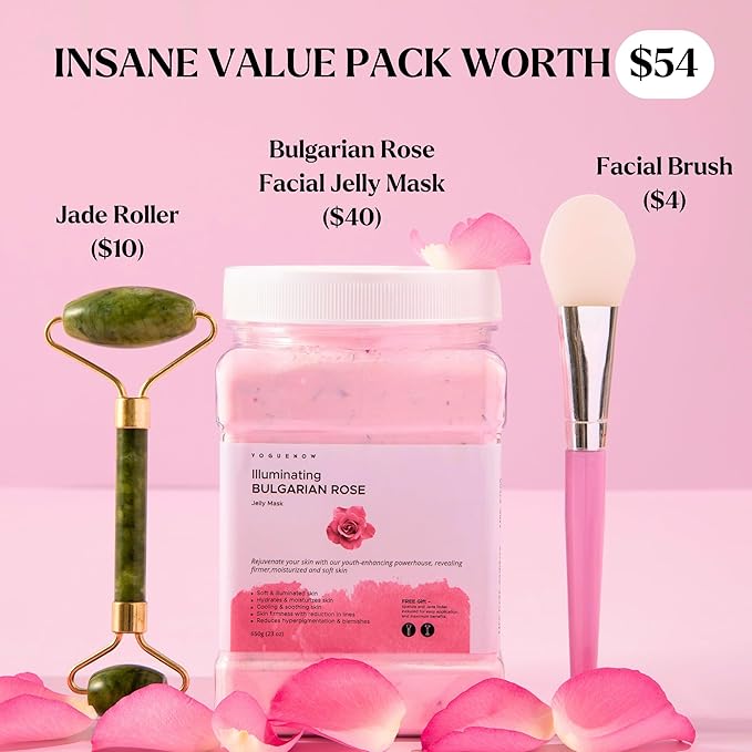 Jelly Face Mask for Facials - Bulgarian Rose Hydrating, Brightening & Nourishing Jelly Mask with Free Jade Roller & Spatula | Professional Hydrojelly Masks | Vajacial Jelly Mask Powder | 23 Oz Jar