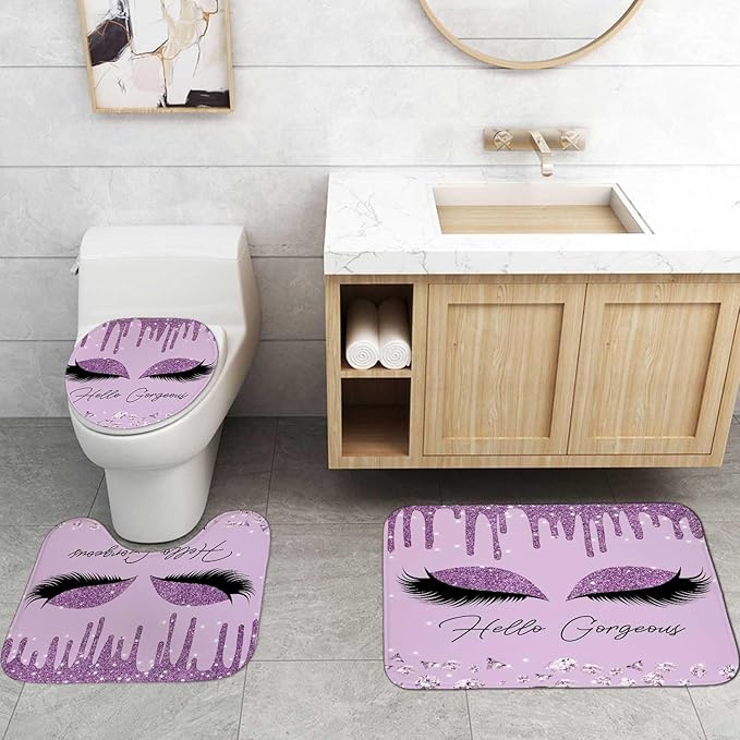 4PCS Purple Glitter Hello Gorgeous Shower Curtain Set, Glam Bling Diamond Rhinestones Gem Makeup Unicorn Eyelash Bathroom Decor, Waterproof Fabric Shower Curtain, Non-Slip Bath Mat Toilet Rug