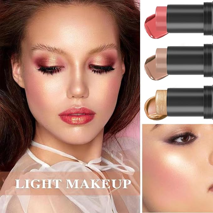3P Cream Blush Stick with Brush,Waterproof Multi Cream Makeup Q345