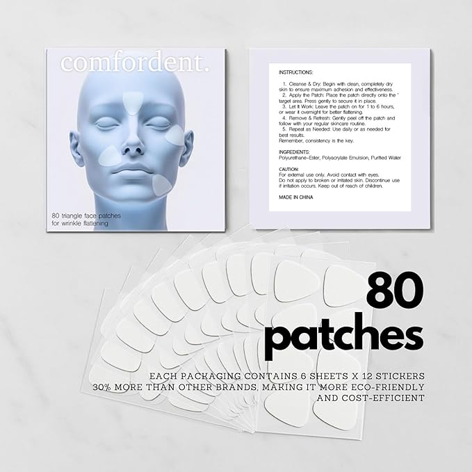 Smoothing Triangle Wrinkle Patches Set - 80 Facial Tapes for Targeted Fine Line & Crease Flattening - Forehead, Crow’s Feet, Frown Lines Overnight Repair