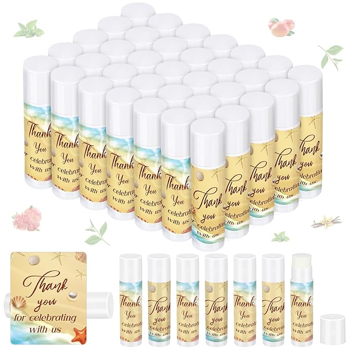Dunzy 50 Pcs Thank You Gift Lip Balm Bulk Baby Shower Party Favors Bridal Shower Favor Lip Care with Assorted Fruit Flavors Thank You Lipstick for Guest Basket Gift Stuffer (Summer Beach)