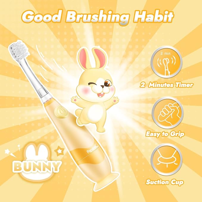 Papablic Toddler Sonic Electric Toothbrush Kids for Ages 1-3 Years, Baby Electric Toothbrush with Cute Rabbit Cover and Smart LED Timer, 2 Brush Heads (Bunny)