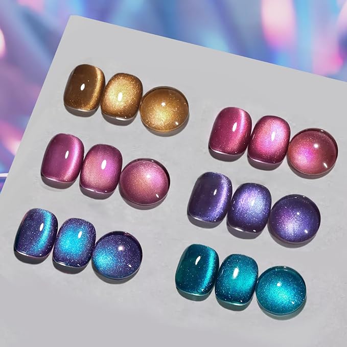 Born Pretty Cat Magnetic Eye Gel Nail Polish Glitter Auroras Magnetic Gel Polish Colorful Holographic Cat Magnetic Eye Nail Art Manicure DIY at Home 6PCS