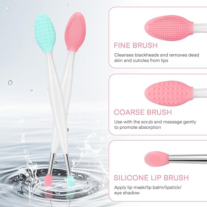 Unaone Lip Scrub Brush - 2 PCS Dual-ended Lip Scrubber Exfoliator and Silicone Lip Brush, 3-in-1 Silicone Lip Scrub Tool Lip Mask Applicator, Gentle Exfoliator & Applicator for Soft