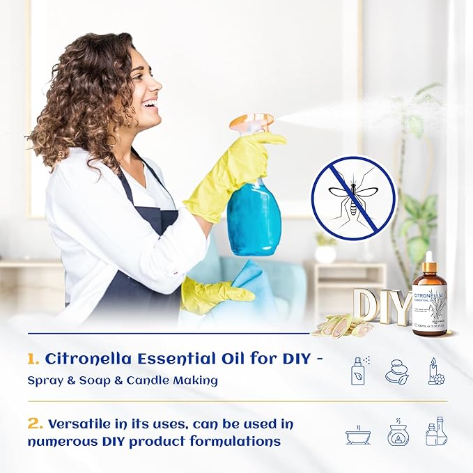 HIQILI 100ML Citronella Oil for Homemade Sprays, Add to Diffuser, 100% Pure and Natural Undiluted 3.38 Fl Oz