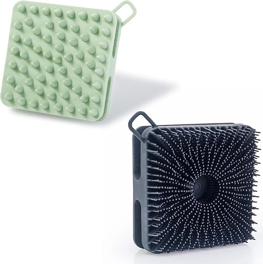 2 PC Silicone Exfoliating Body Scrubber, Silicone Body Shampoo Brush, Soft Silicone Loofah for Sensitive Skin, Shower Silicone Hair Scalp Massager, Easy to Clean, Lather Well(Black&Green)