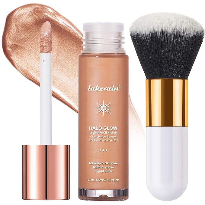 Natural Glow Liquid Filter Makeup, Longwear Face Luminizer, Complexion Booster For Any Part of the Body, Liquid Highlighter with Brush Kit, Infused Hyaluronic Acid, 1.06 fl oz (#04 MEDIUM)