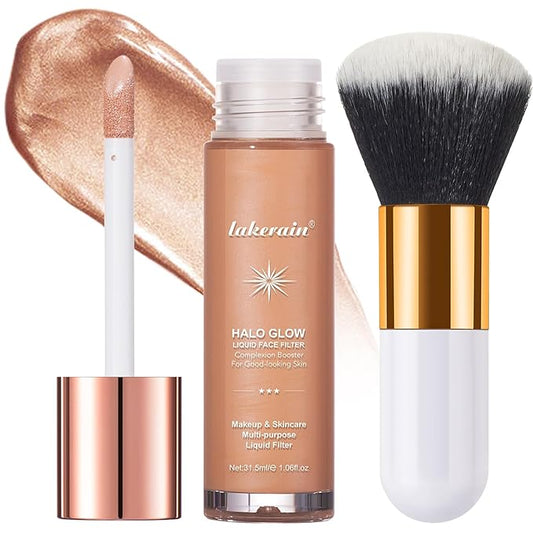 Natural Glow Liquid Filter Makeup, Longwear Face Luminizer, Complexion Booster For Any Part of the Body, Liquid Highlighter with Brush Kit, Infused Hyaluronic Acid, 1.06 fl oz (#04 MEDIUM)